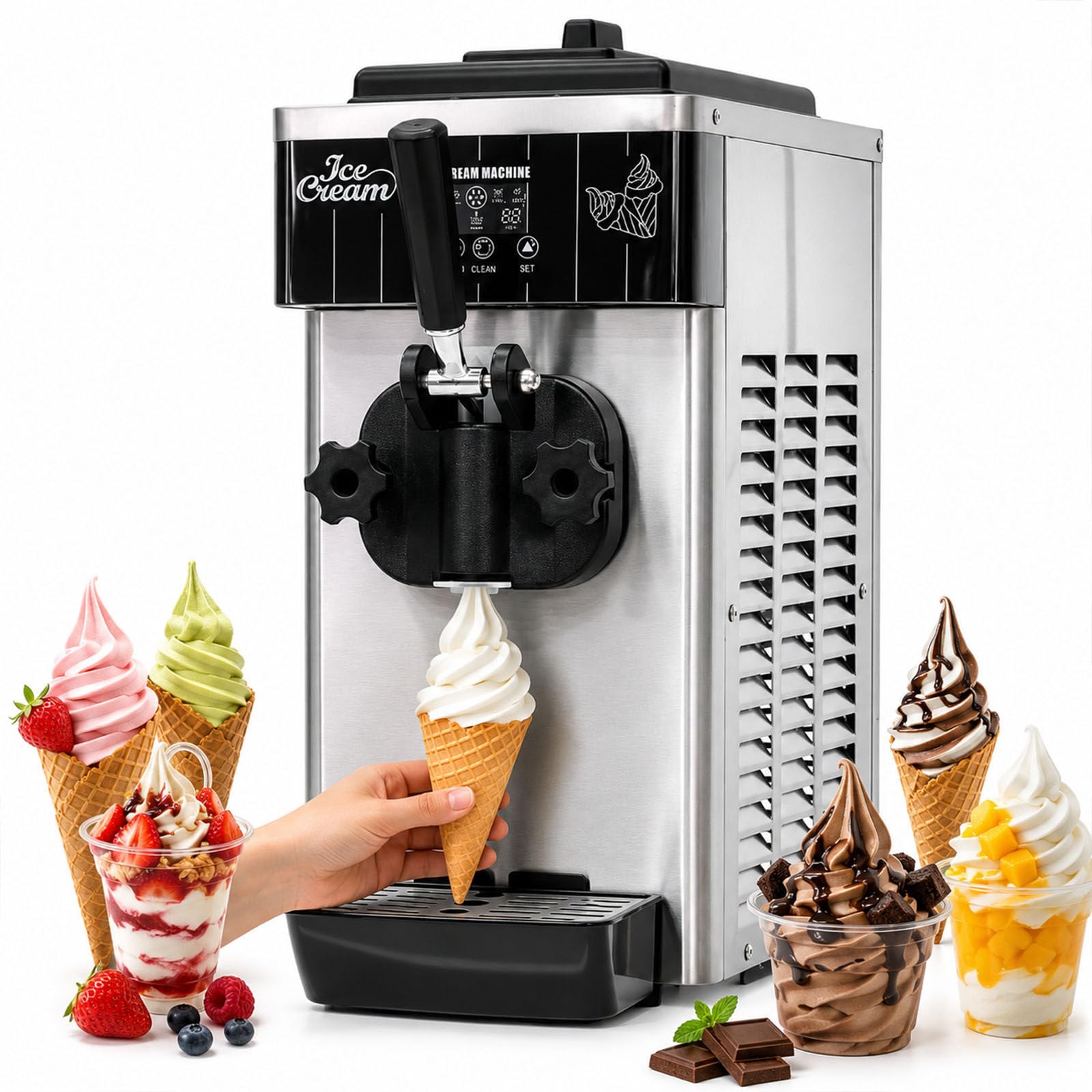 ErShangMao Soft Serve Ice Cream Machine,Electric Soft Serve Ice Cream Maker Machine, Countertop Single Flavor Maker, Quick 10-Min Batch, 2.5l Hopper, Creamy Cones, 4-6l/H, For Cold-Desserts