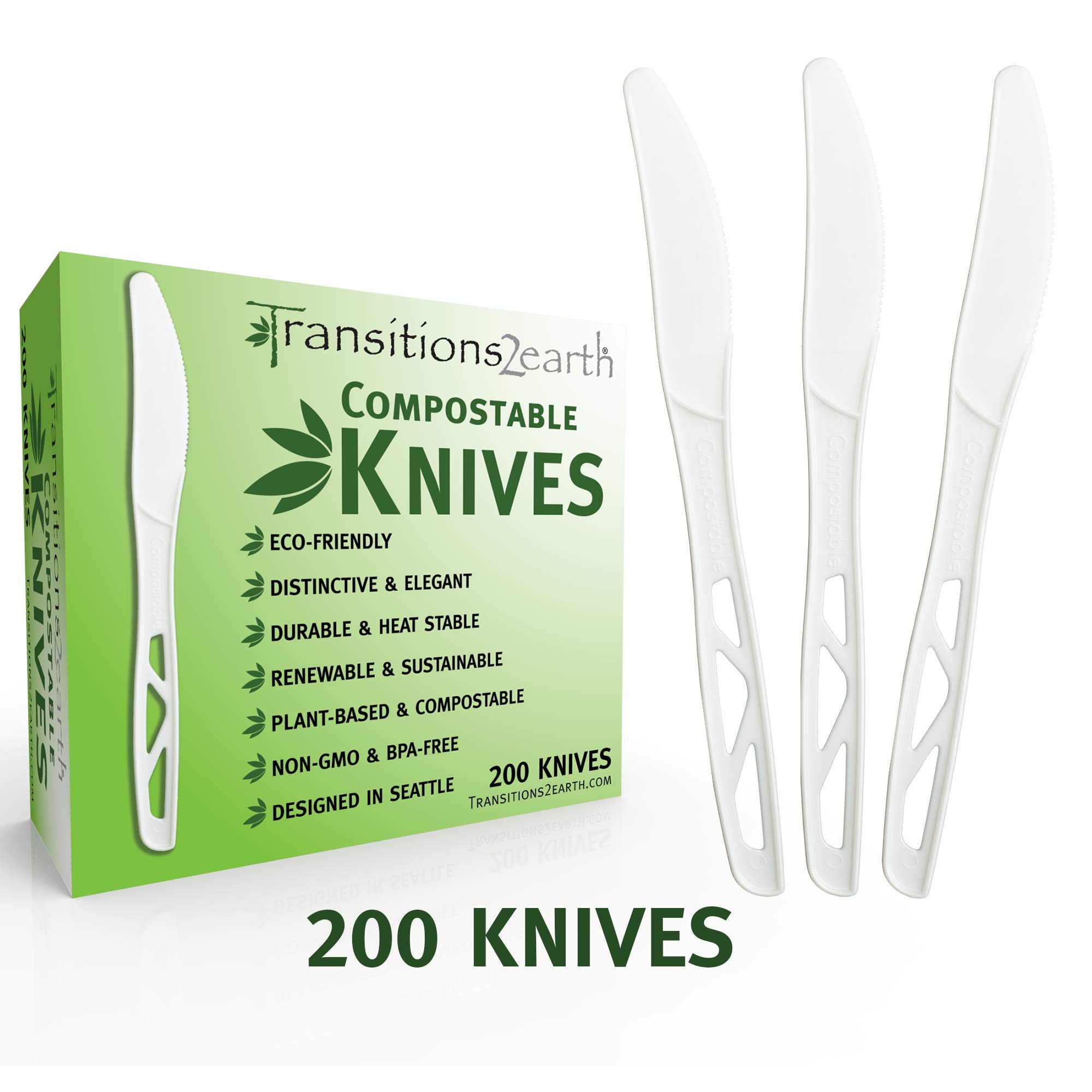 Transitions2earth Compostable Knives - Made from Corn - Box of 200 (7.6 Inches) - White - Large, Heavyweight, Plant based, Non-GMO, Earth Friendly, Heavy Duty, Heat Resistant, Biodegradable Cutlery
