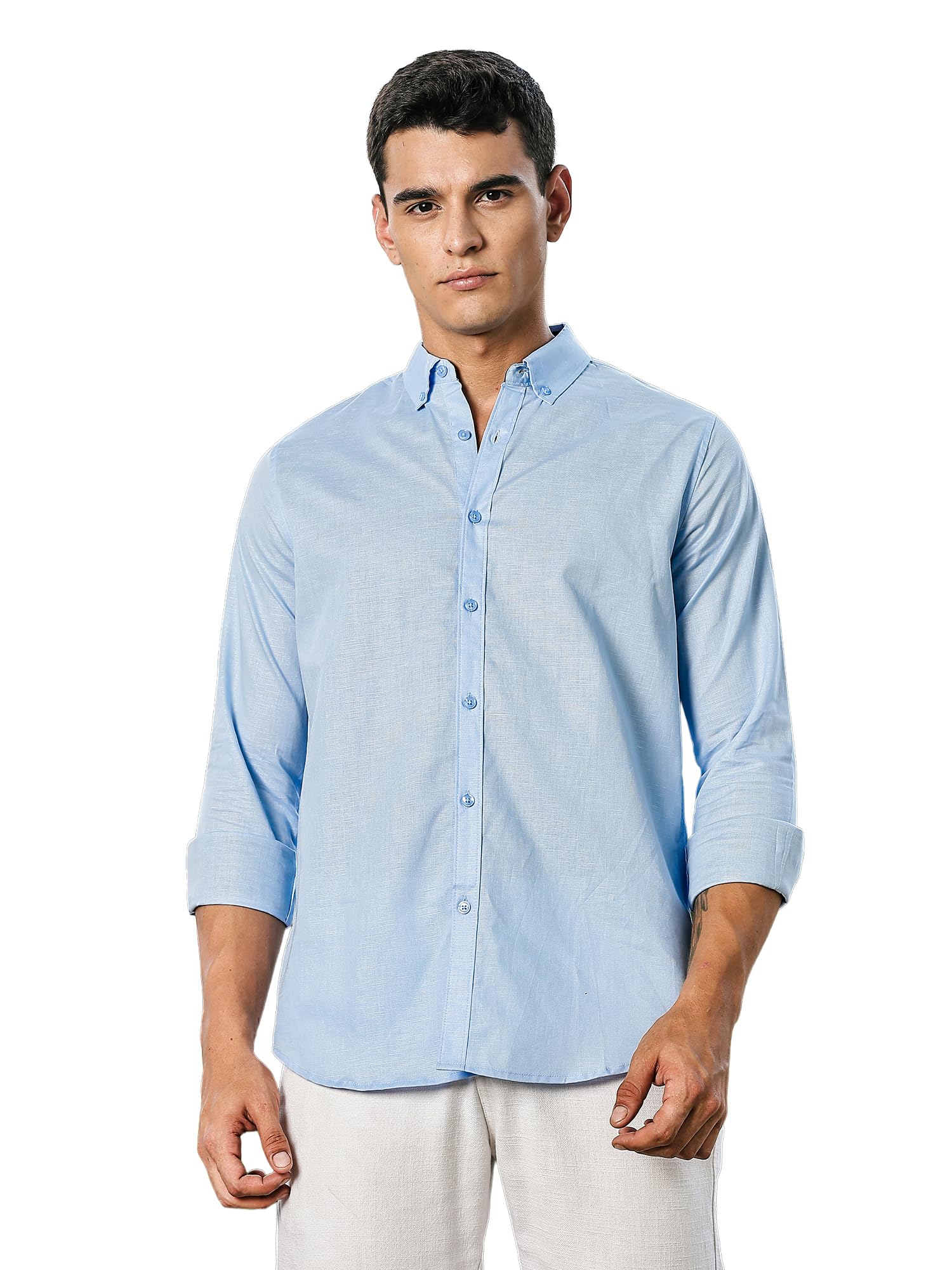 Thomas Scott Men's | Linen Blend | Solid | Button Down Collar | Premium Cotton Linen Blend | Full Sleeve | Casual Shirt for Men (TS1490_Blue_XL)