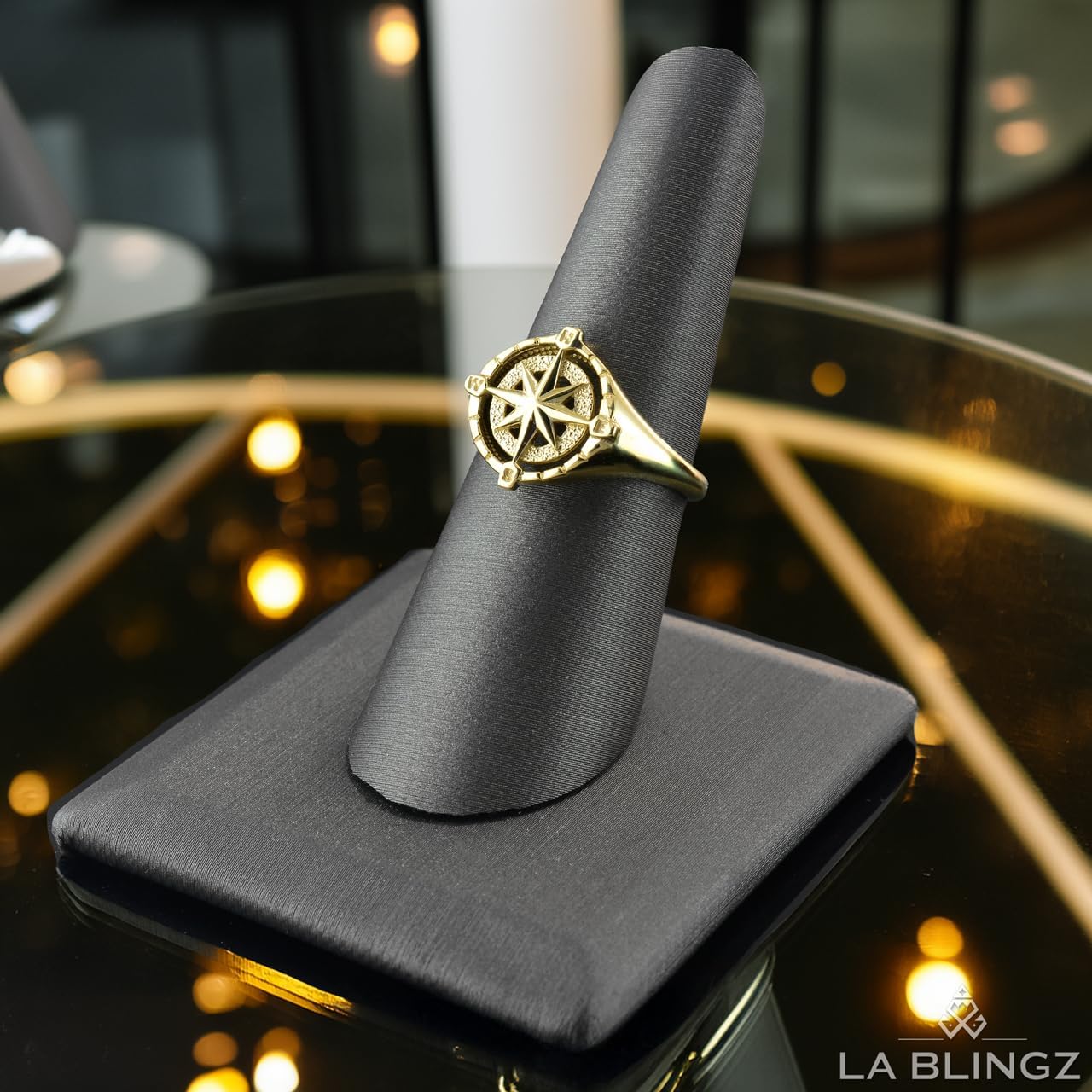 LA BLINGZ Gold Compass Ring for Women North Star Compass Rose Open Signet High Polished 10K 14K Yellow or White gold