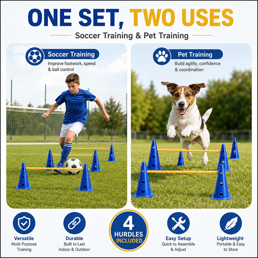 Steckhürdenset, Agility Set Hunde mit 8 Kegel(23cm) + 4 Stangen(1 m), Cavaletti Hund für Koordinationstraining, Pylonen Hundetraining, Einstellbare Trainingshürden für Hunde Teamsport Fussball