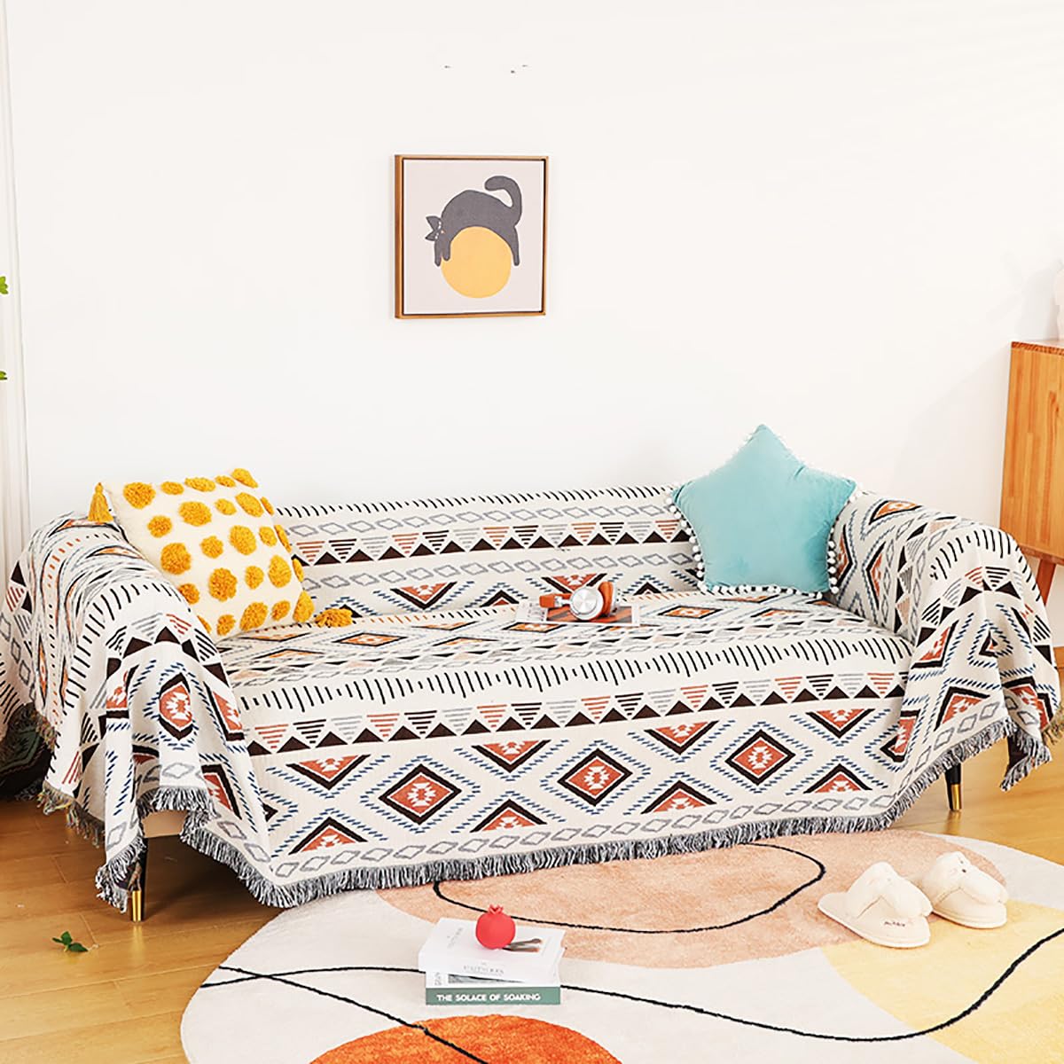 Luxlovery Azteckie koce narzutowe, beżowy, plemienny, boho, geometryczny, biały, khaki, na kanapę, łóżko, ponadwymiarowy pokrowiec na sofę z frędzlami, 160 cm x 218 cm