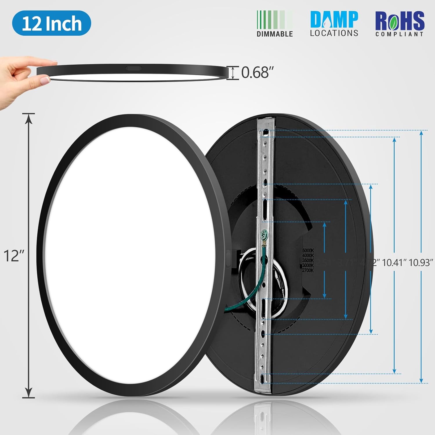 mw LED Flush Mount Ceiling Light, 12 Inch Round Black Ceiling Light, 25W 120V 5CCT, Dimmable, Close to Ceiling Light Fixtures for Bedroom, Kitchen, Hallway, Laundry