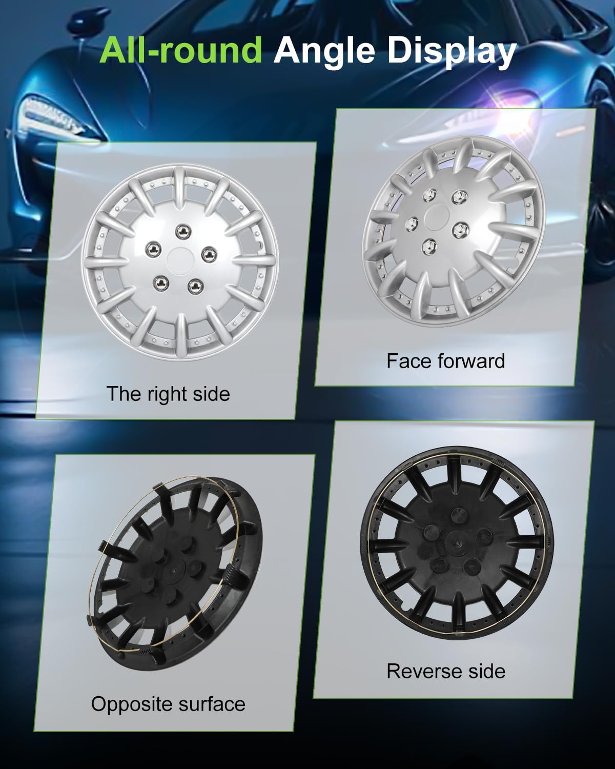SCITOO Silver Hubcaps, 14" Set of 4pcs, Easy to Install, Elegant Addition to Cars, Trucks, SUVs, Rust-Free