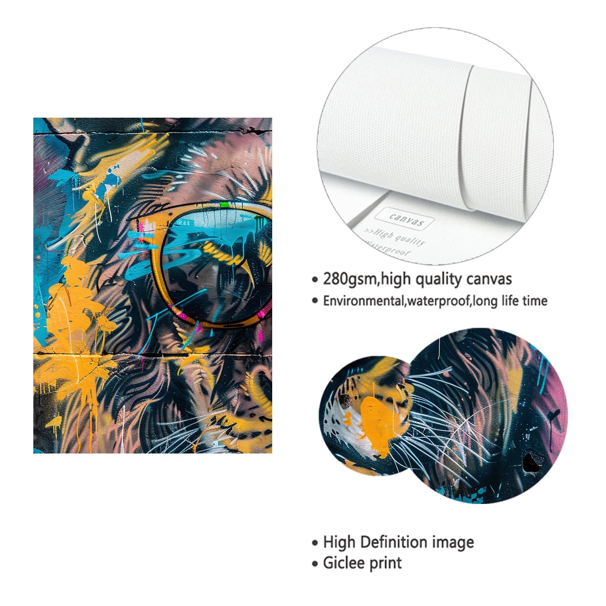 Carteles e impresiones de videojuegos Imágenes de grafitis de animales con gafas de sol Arte de lienzo de gamer Lion Graffiti Decor de pared colorida para la sala de juegos 80x105cm Sin marco