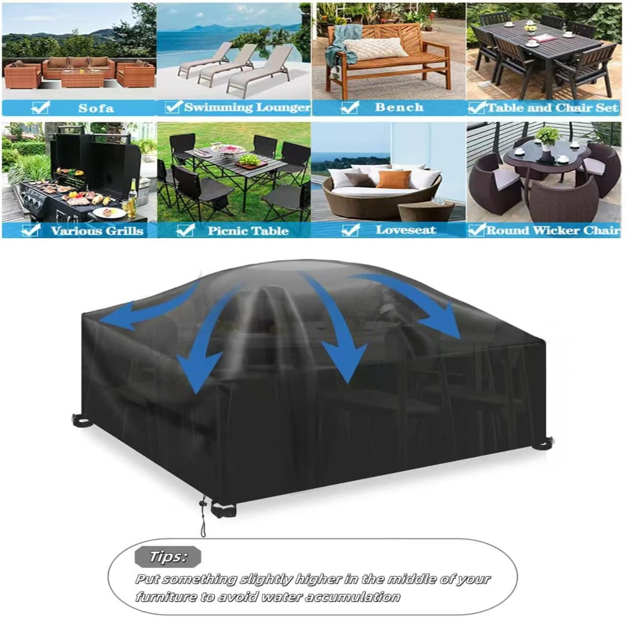 Copertura de Mobili da Giardino 375x110x90cm Telo 420D Oxford Impermeabile Antivento Antipolvere Copri Tavolo da Esterno con Coulisse Copritavolo Telo Copri Mobili da Esterno