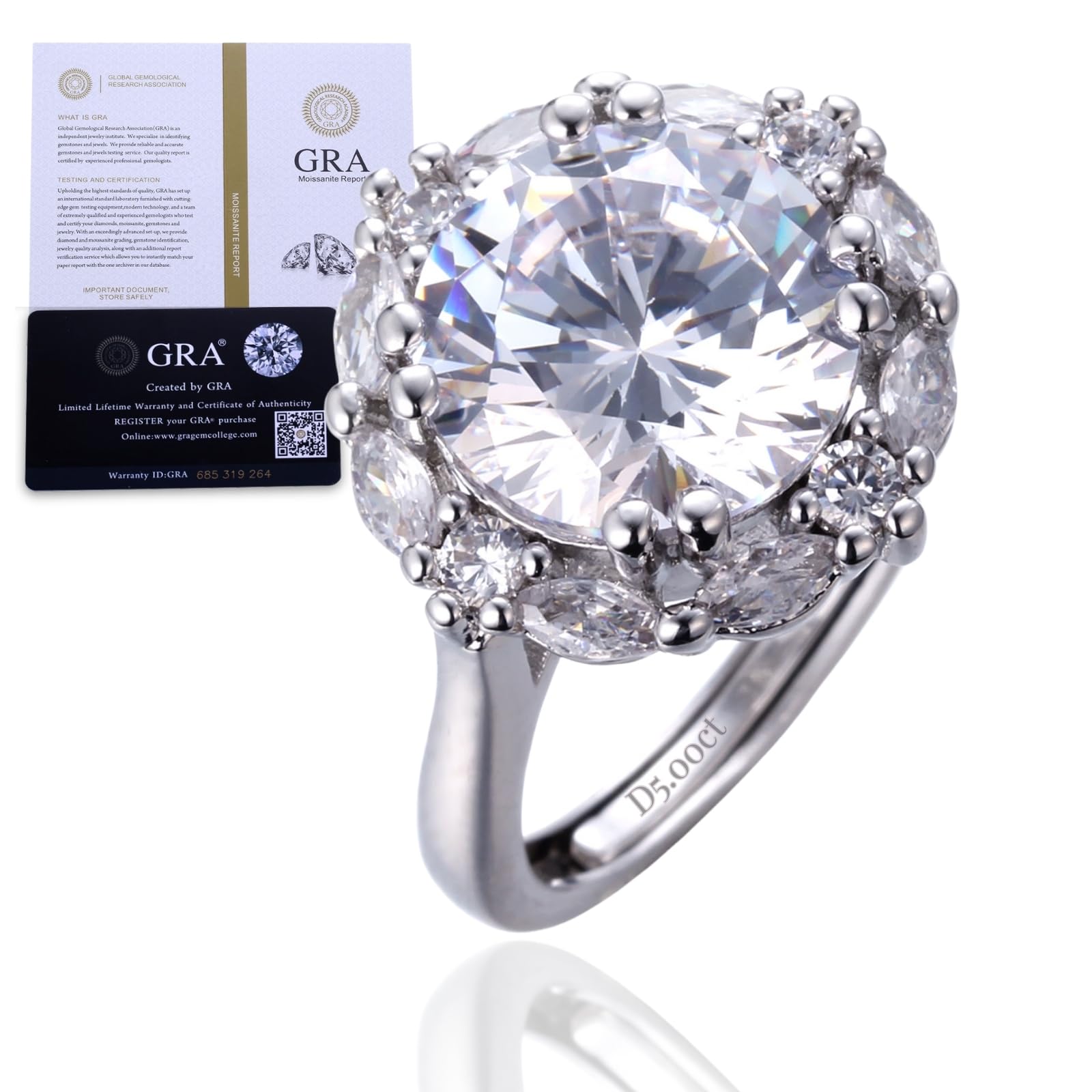 HALUKAKAH Anillo Moissanite D Color 5.0 ct Lujo,Diamante Cultivado en Laboratorio de 5 Quilates con Certificado,Plata de Ley Chapado en Platino,Ajustable,para Esposa,Novia,Cumpleaños,Aniversario,Boda