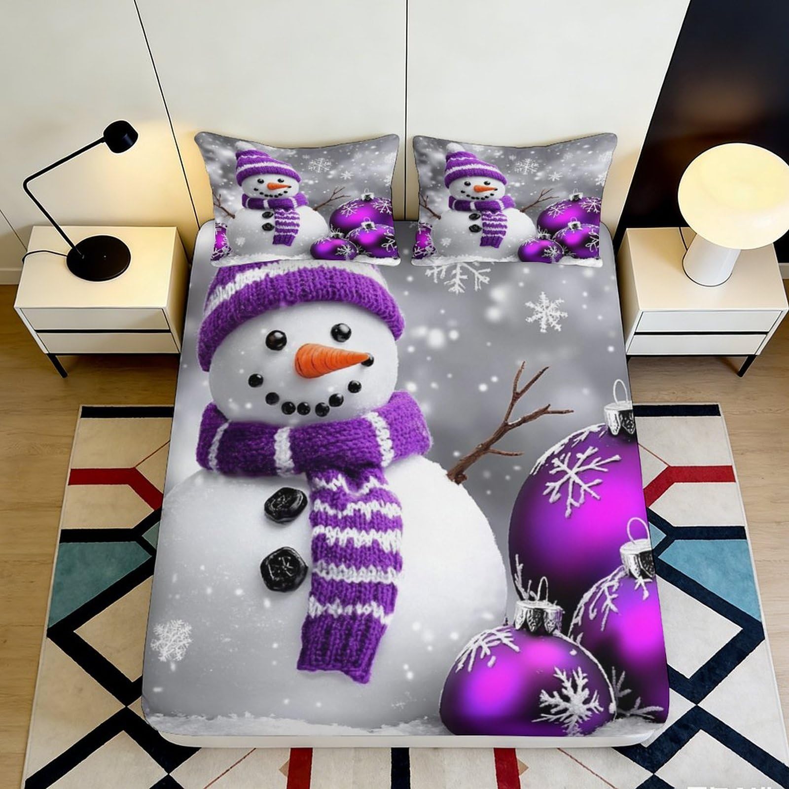 3D Printed Snowman Purple Ornaments Fitted Sheet Microfiber Soft Durable Winter Bed Cover for Bedroom Guest Room Mattress Protection 140x200x25cm