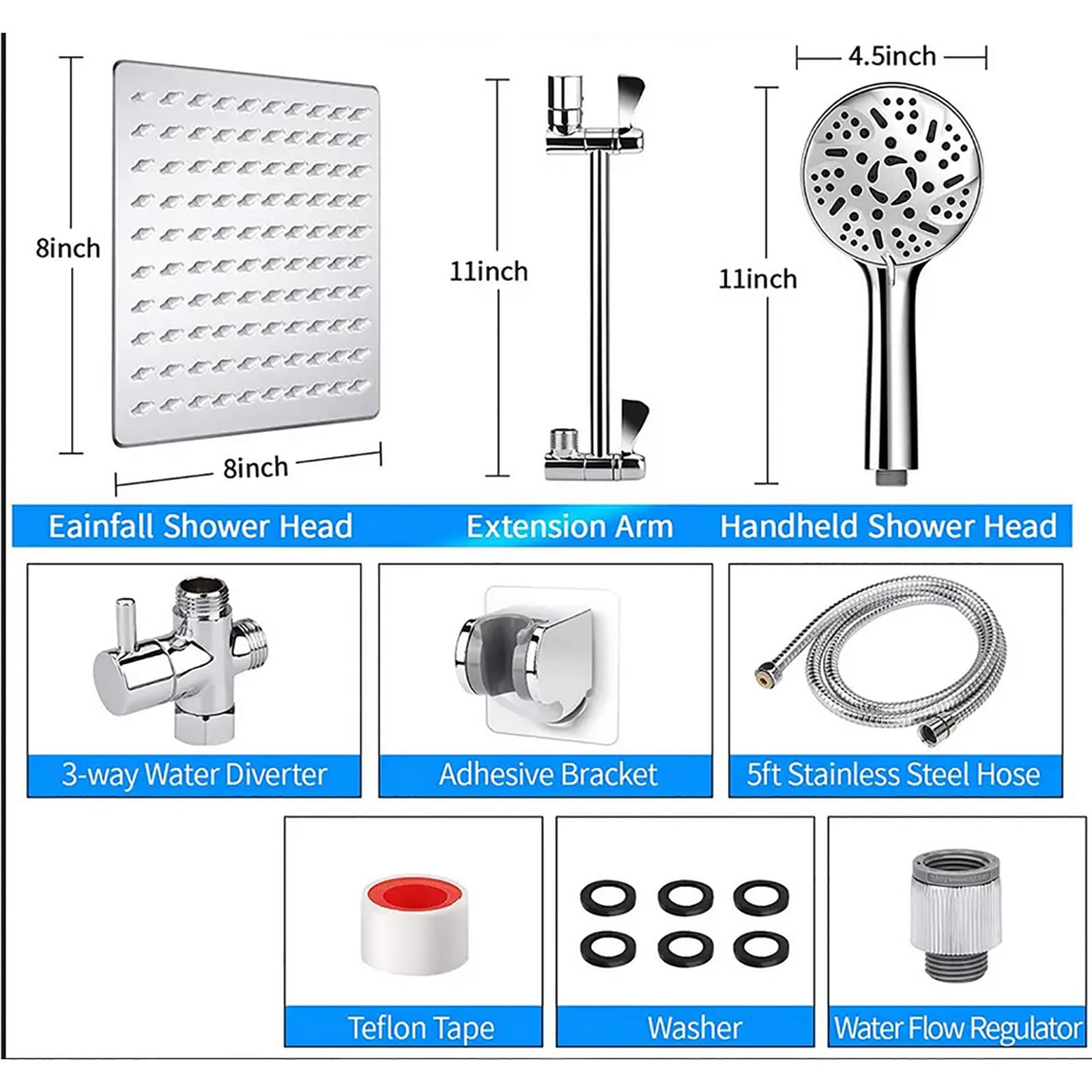Billg Cabezal de Ducha Lluvia Cabezal de Ducha de Alta presión de 8" con Ducha de Mano de 9 Funciones con Brazo de extensión y Manguera de 11",Apto para baño y Hotel.