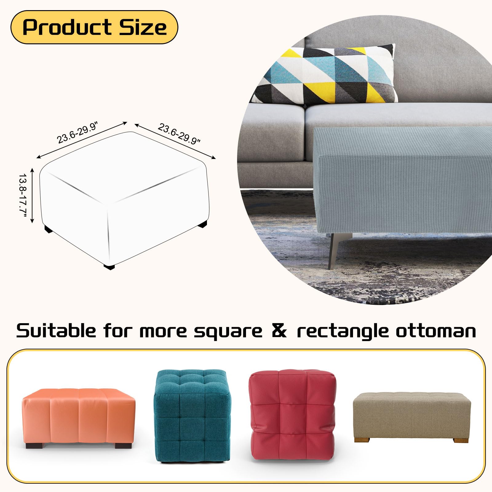 uxcell Ottoman Cover Square, Jacquard Ottoman Slipcover with Elastic Bottom, Stretchable Footrest Stool Covers for Living Room Furniture Protector (Grey, Middle Size)