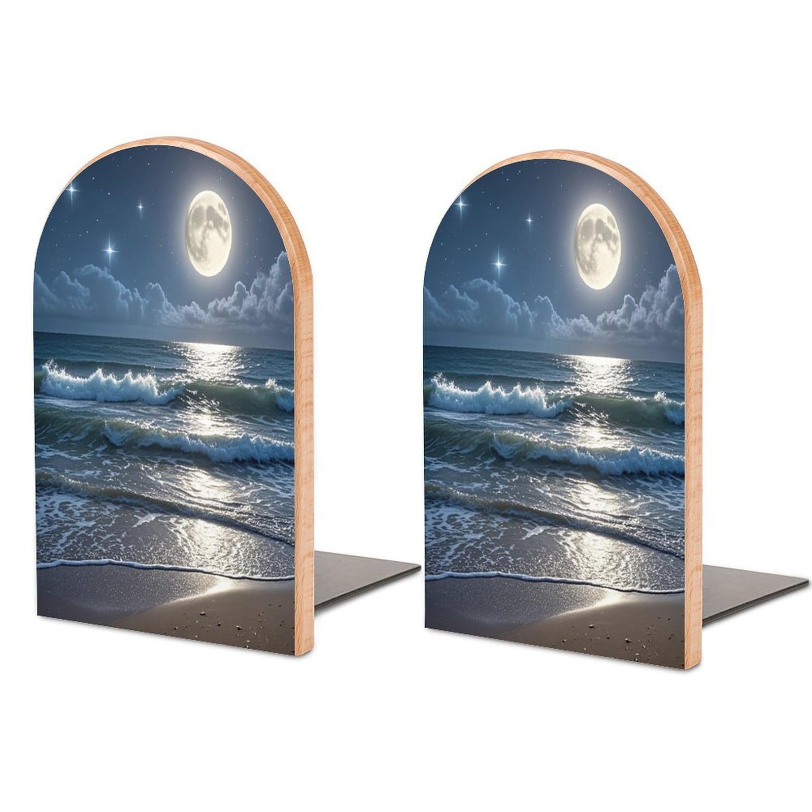 Night Ocean Bookend for Shelves Unique Book End Sturdy Books Holder Heavy Duty Wooden Bookends Support Non-Slip Book Organizers Decorative Modern Bookend Holder for Home