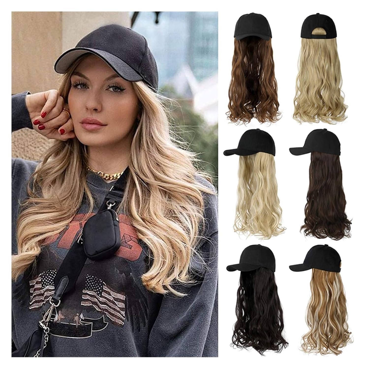 FEELIN Baseball Cap with Hair Extensions Long Wavy Synthetic Wig Baseball Cap With Hair Extensions Hat Wigs Natural Connect Wig Adjustable For Women Hat Wig(Color:1)