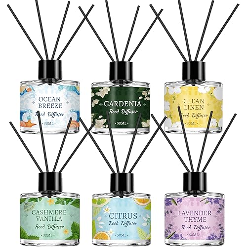 Reed Diffuser Set of 6 Pack, Home Fragrance Reed Diffuser with 24 Sticks, Scented Essential Oil Air Freshener for Home, Bathroom, Bedroom, Office Decor, Long Lasting Room Freshener Gift -Each 1.69oz