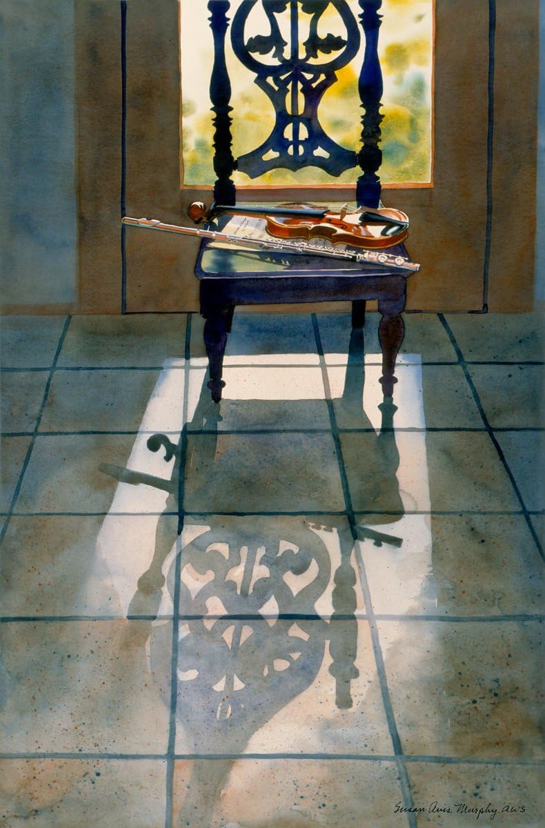 Susan Avis Murphy Duet in the Sun, Giclée Print, a Flute and Violin on a Chair, 12 X 18 Inches