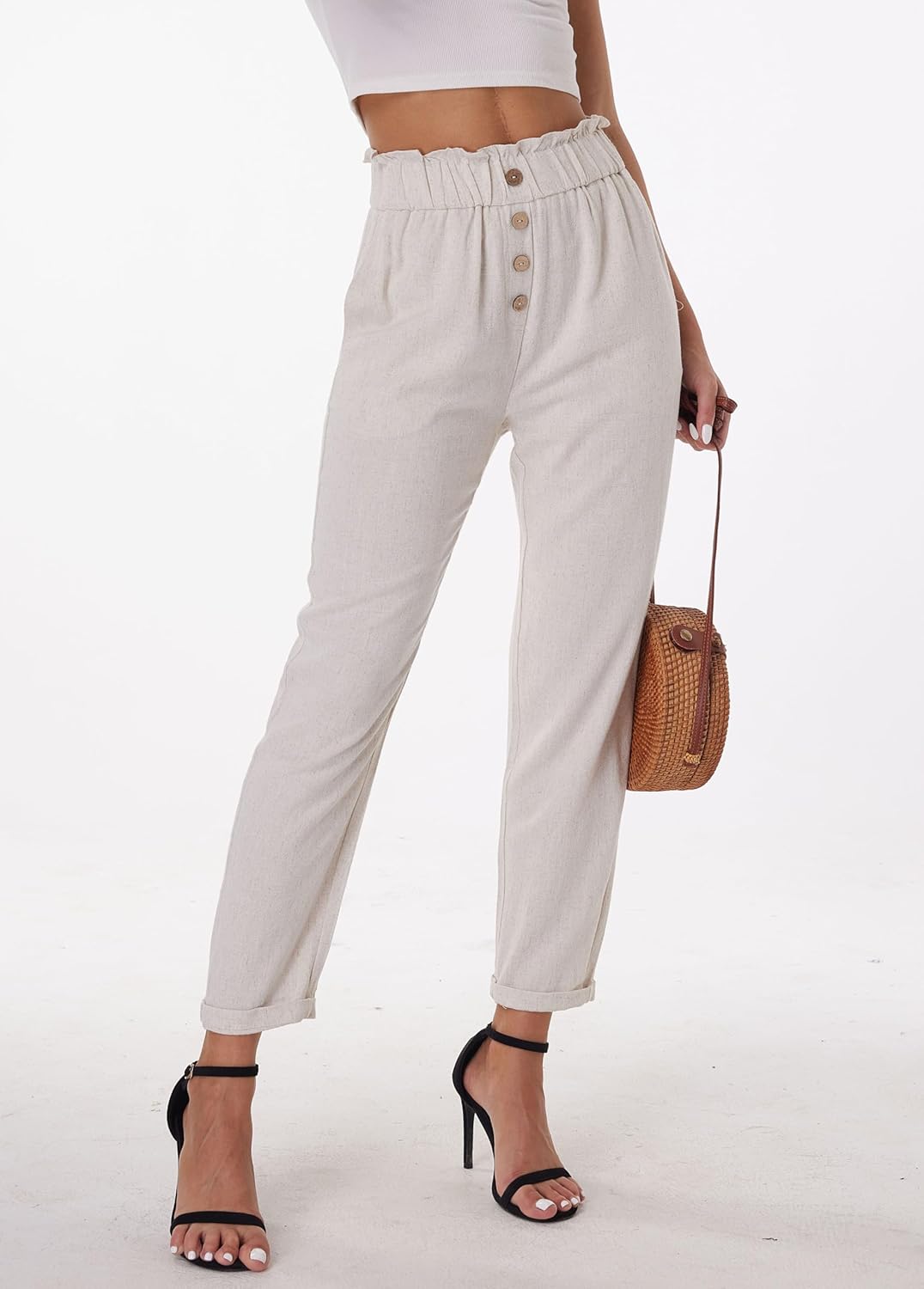 heipeiwa Women's Cotton Linen Casual Cropped Work Pants Summer Paper Bag Dressy Tapered Pants - Image 3