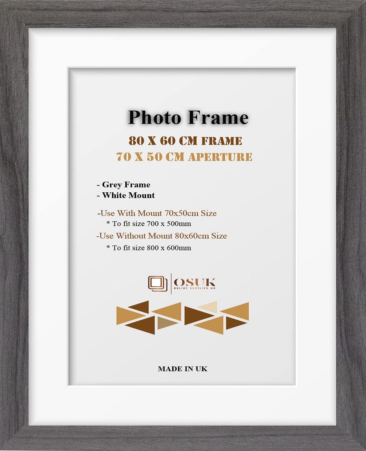 Frame Eazy OSUK Grey 80x60 cm Frame With 70x50 cm Mount Modern Photo Frame With White Mount - Clear Perspex Front & Wall Mounting Poster Frame - 800 x 600mm Frame With 700 x 500mm Mount (Grey)