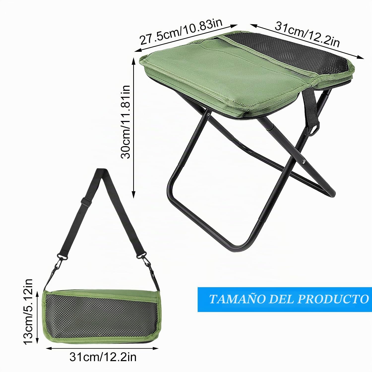Taburete portátil para montañismo y senderismo, taburete plegable, taburete portátil, soporta hasta 150 kg, silla plegable para exteriores, con cremallera, para viajes, camping, pesca (verde)