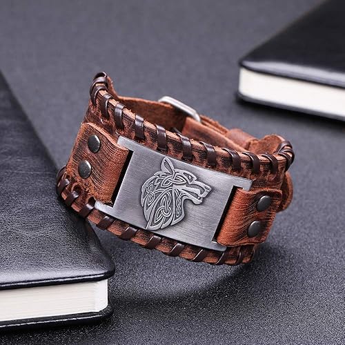 Miniatura 2 de HAQUIL Pulsera vikinga wicca egipcia negra marrón ancha de cuero pulsera antigua medieval joyería regalo para hombres
