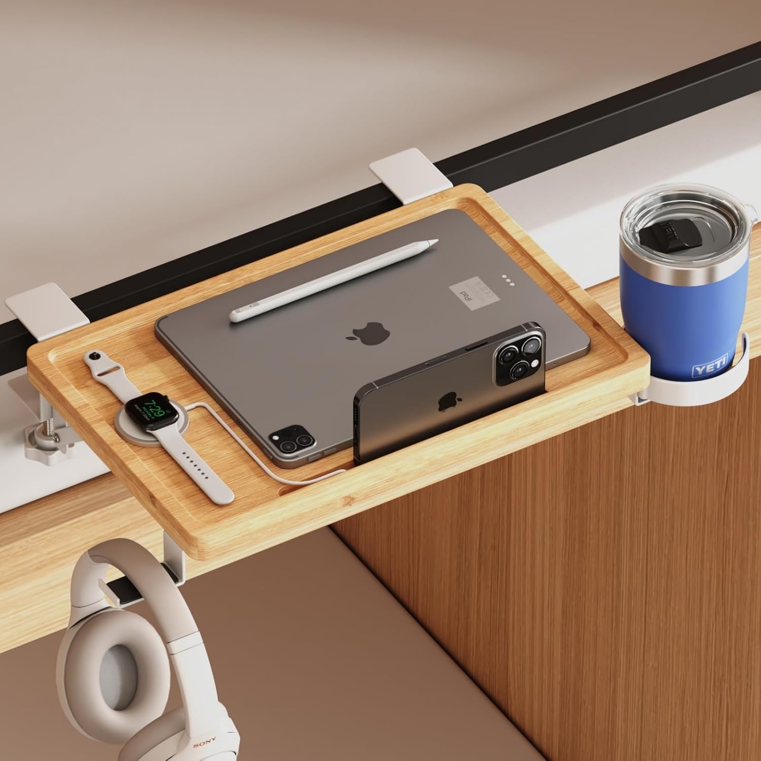 Bedside Shelf Wood, Foldable Clip-On Bed Shelf for Top Bunk Space Saving Bed Side Table Tray for College Dorm Essentials,Loft Nightstand Organizer Tray with Removable Cup Holder, Hooks, Groove