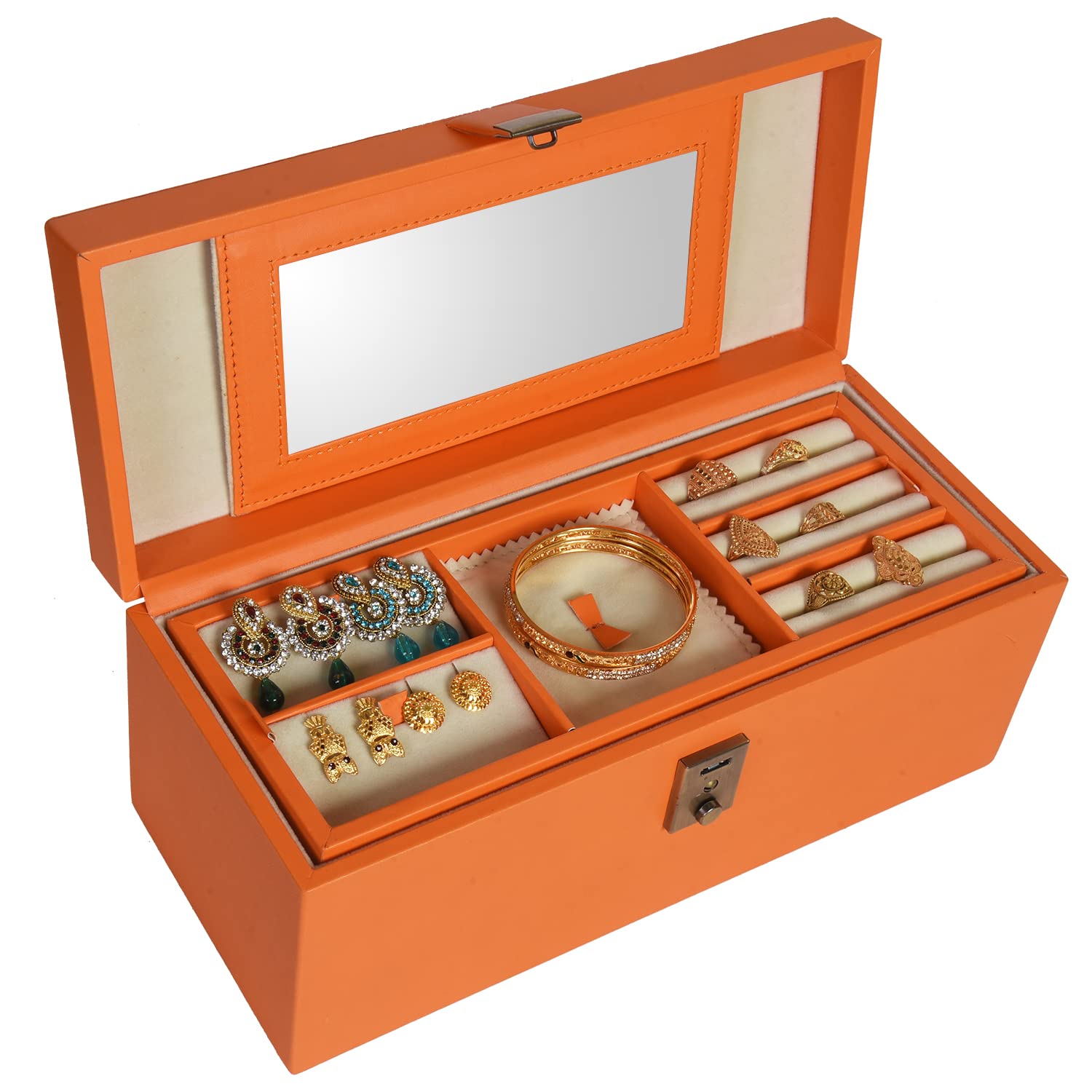 Stones Bridge Women's Orange PU Leather Jewellery Box with Mirror, Lock & Multiple Compartments for Earrings, Rings, Bracelets & Necklaces
