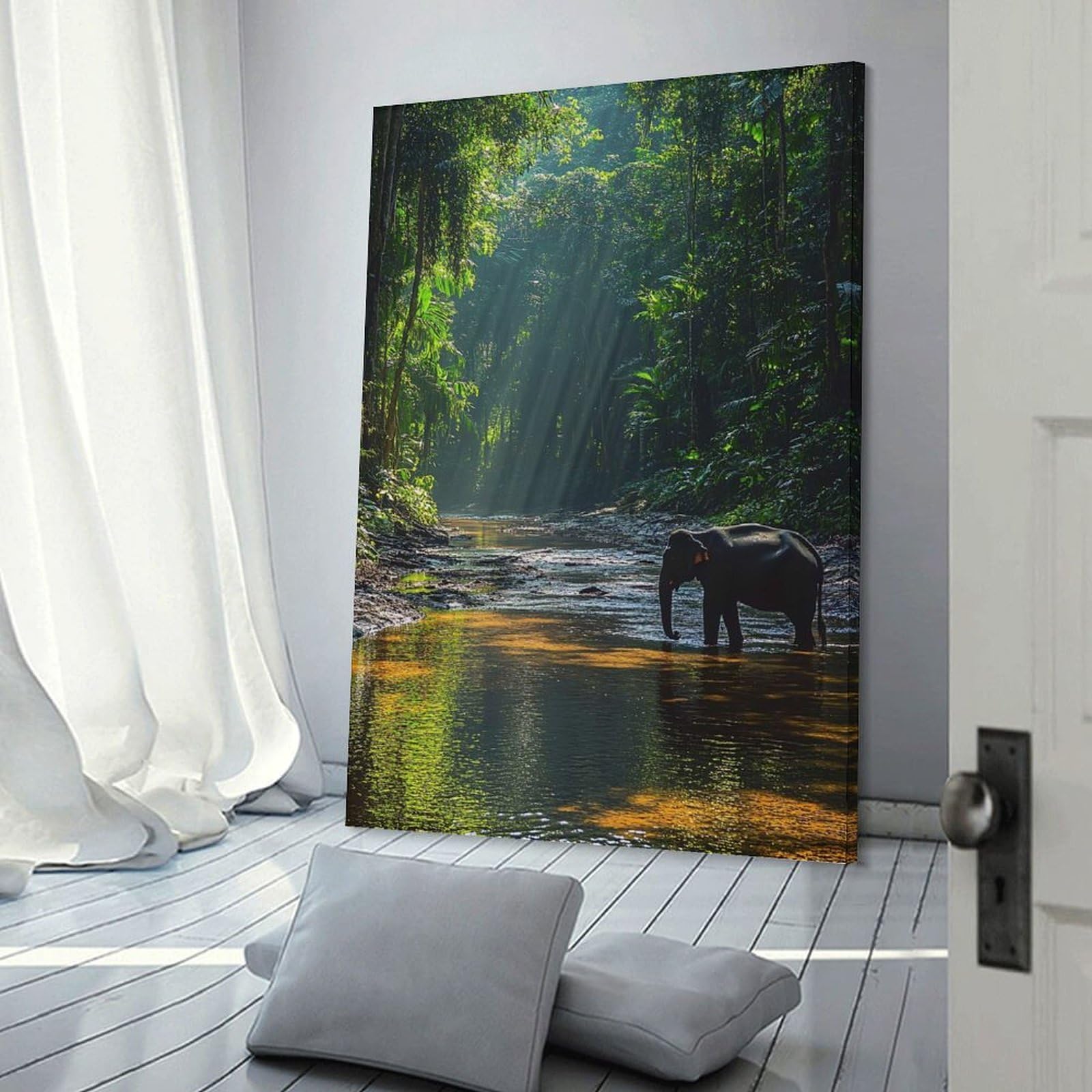 Junmoney Decorative Wall Artwork Elephant in Jungle River, 24x36inch(60x90cm), for Calm Bedrooms, Home Corners Or Flats, An Easy Wall Refresh for Bedrooms