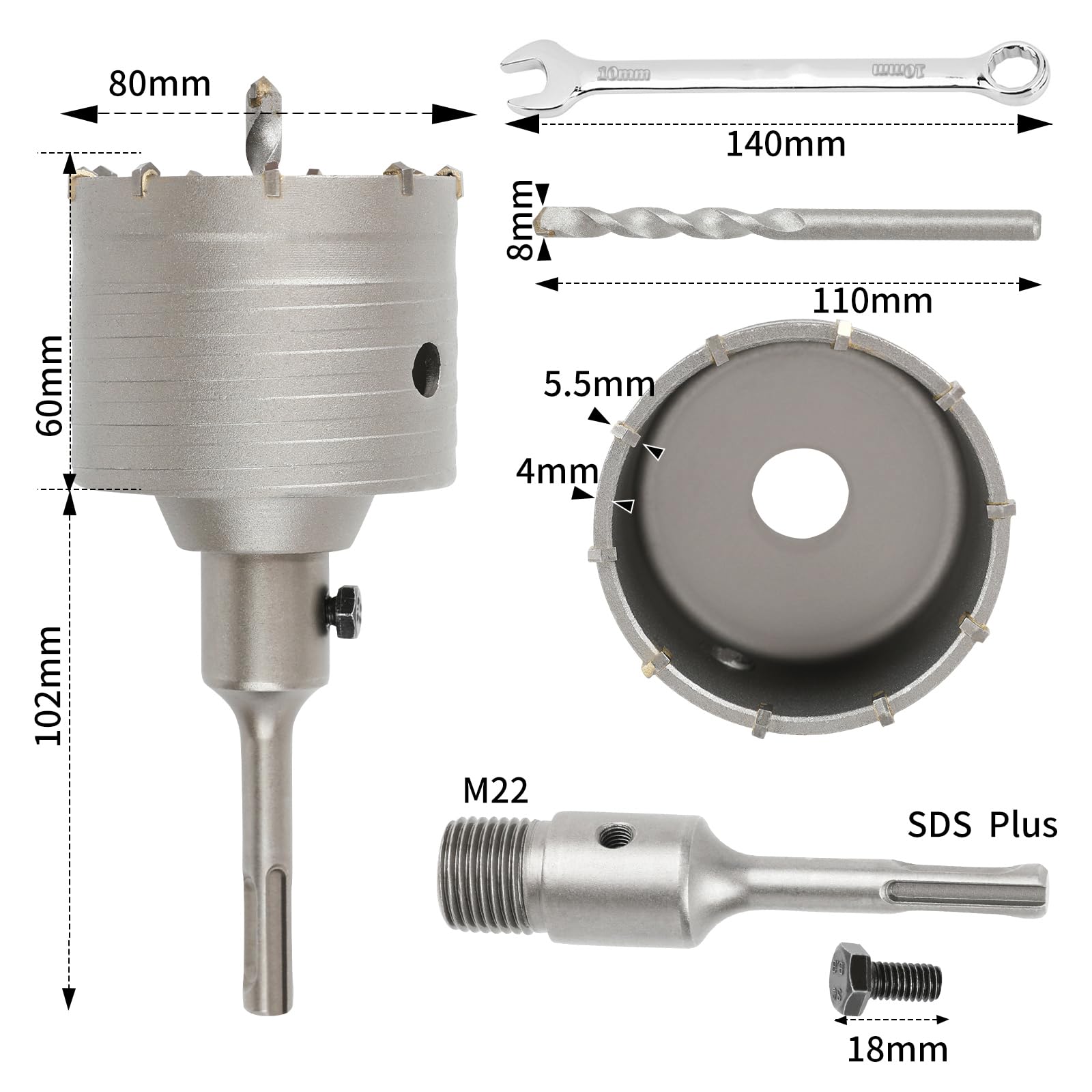 SUQIN Concrete Hole Saw diameter 80mm Concrete Core Drill Bit With 110mm SDS Plus Adapter And Center Drill 8x110mm,Wall Hole Cutter For Brick Walls Air Conditioning Openings - Image 2