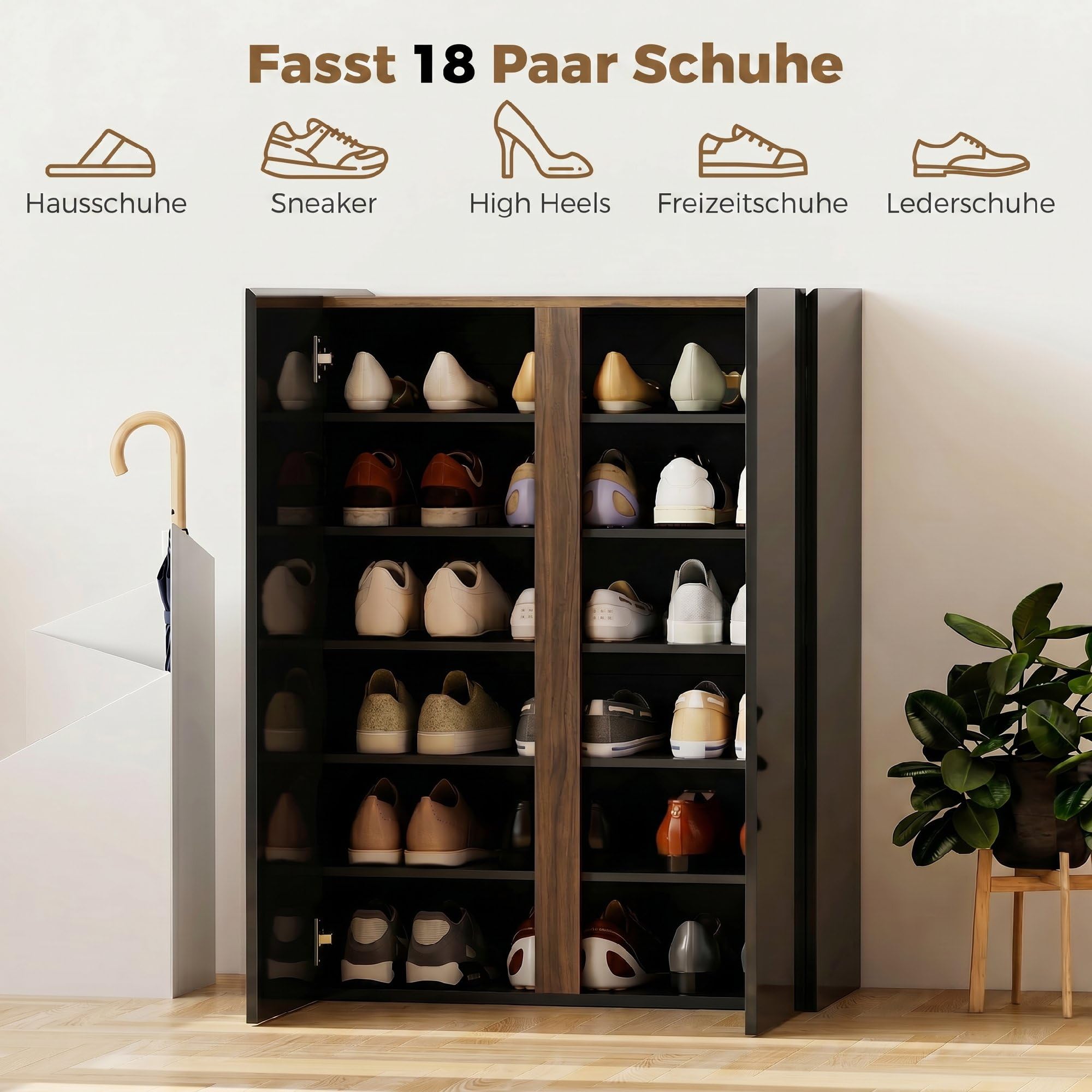 HOMCOM Schuhschrank mit 2 Hochglanz Türen Schuhregal Schuhkommode mit 6 Verstellbaren Fächern Schuhaufbewahrung mit Soft-Close-Funktion für 18 Paar Schuhe 70 x 33,5 x 95 cm, Schwarz