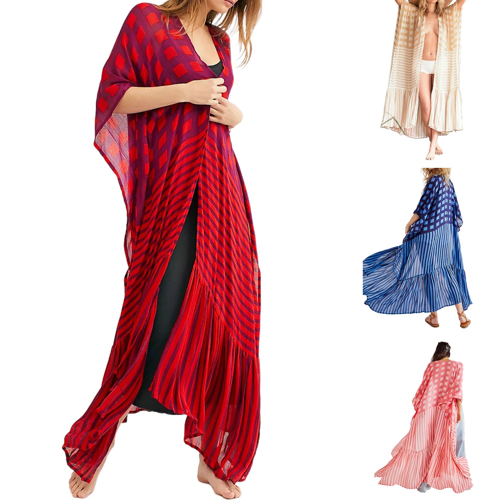 Kimono da donna, stile casual, lungo, stile bohémien, cardigan lungo, caftano, copricostume da bagno da donna, pantaloni/vestito