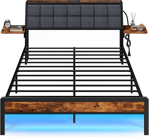 Miniatura 8 de Furnulem Base de cama de plataforma Queen con estante de noche y estación de carga USB, base de cama tapizada tamaño Queen con cabecera de