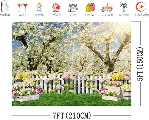 Miniatura 2 de AIIKES Telón de fondo de primavera de 7 x 5 pies con flores blancas y árboles de bosque, telón de fondo para fotografía, fiesta de cumpleaños, boda,