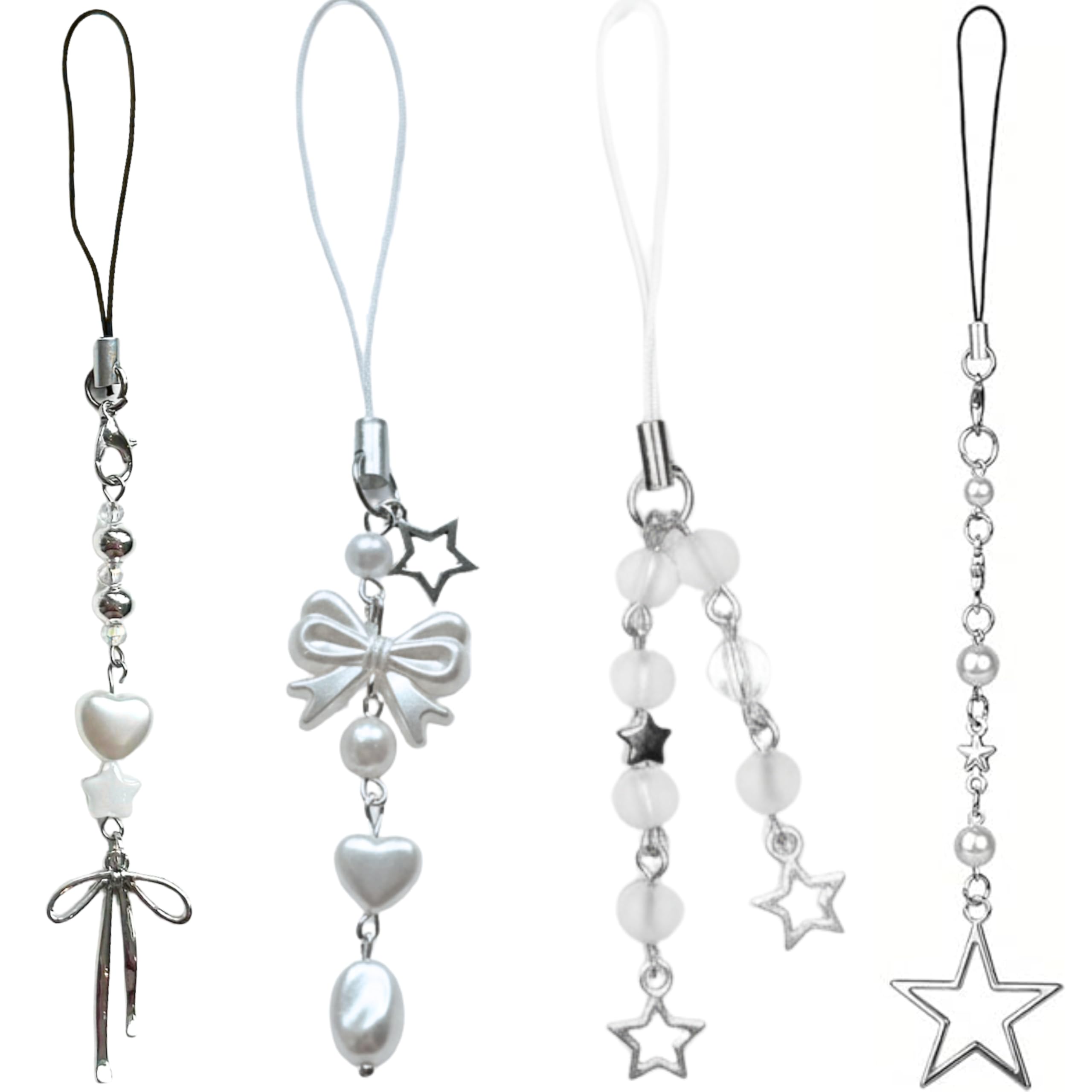 SNOWY SHOP 4pcs Aesthetic Silver Bow Phone Charm – Cute Pearl Beaded Mobile Chain Accessory | Stylish Kawaii Phone Strap for Girls, Women & Teens | Trendy Y2K Diwali Gift