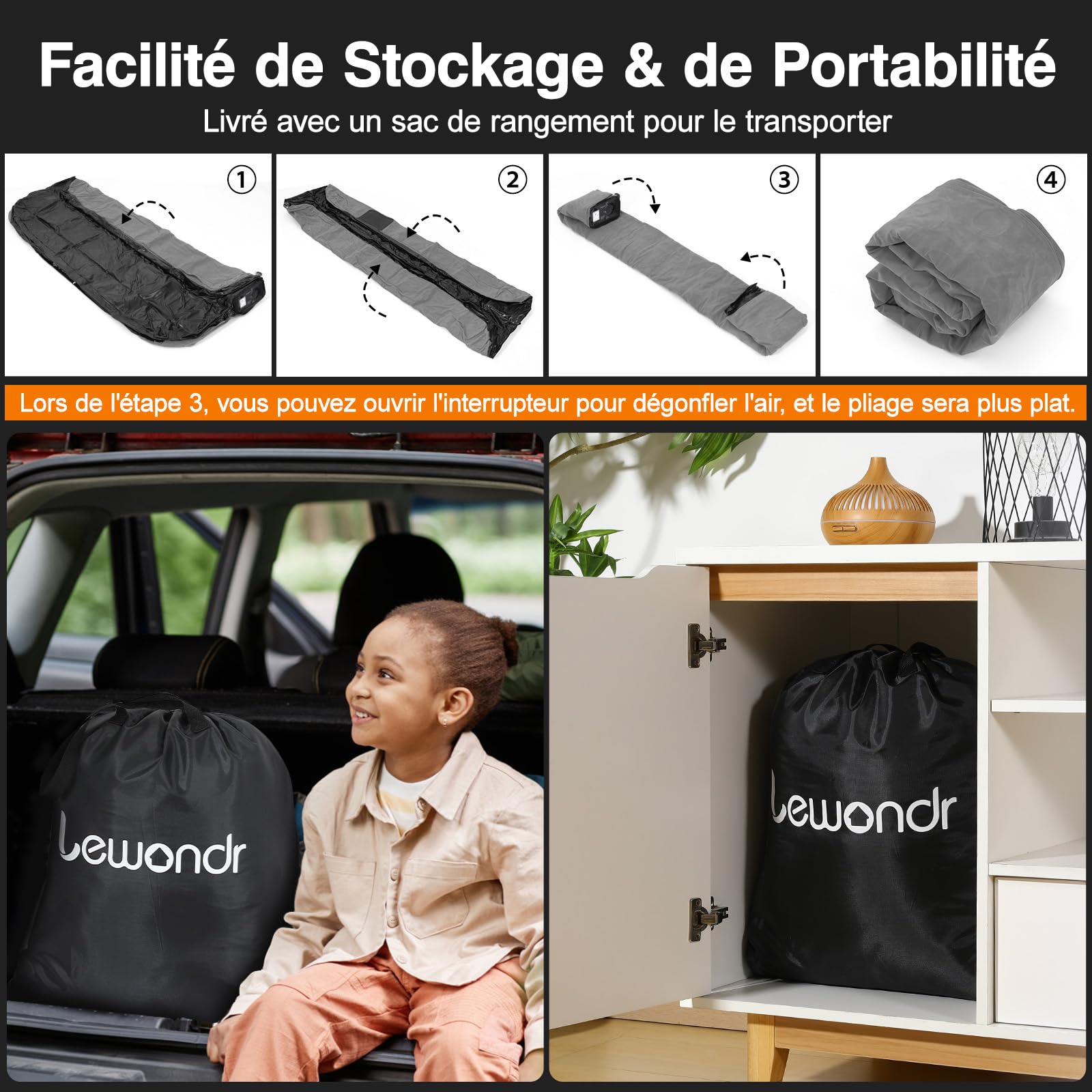 Lewondr Matelas Gonflable 2 Personnes, 203x152x46CM, Gris | Pompe Intégrée, Gonflage Rapide en 3 Minutes, Pour Camping Maison Invités Voyages, 300kg MAX