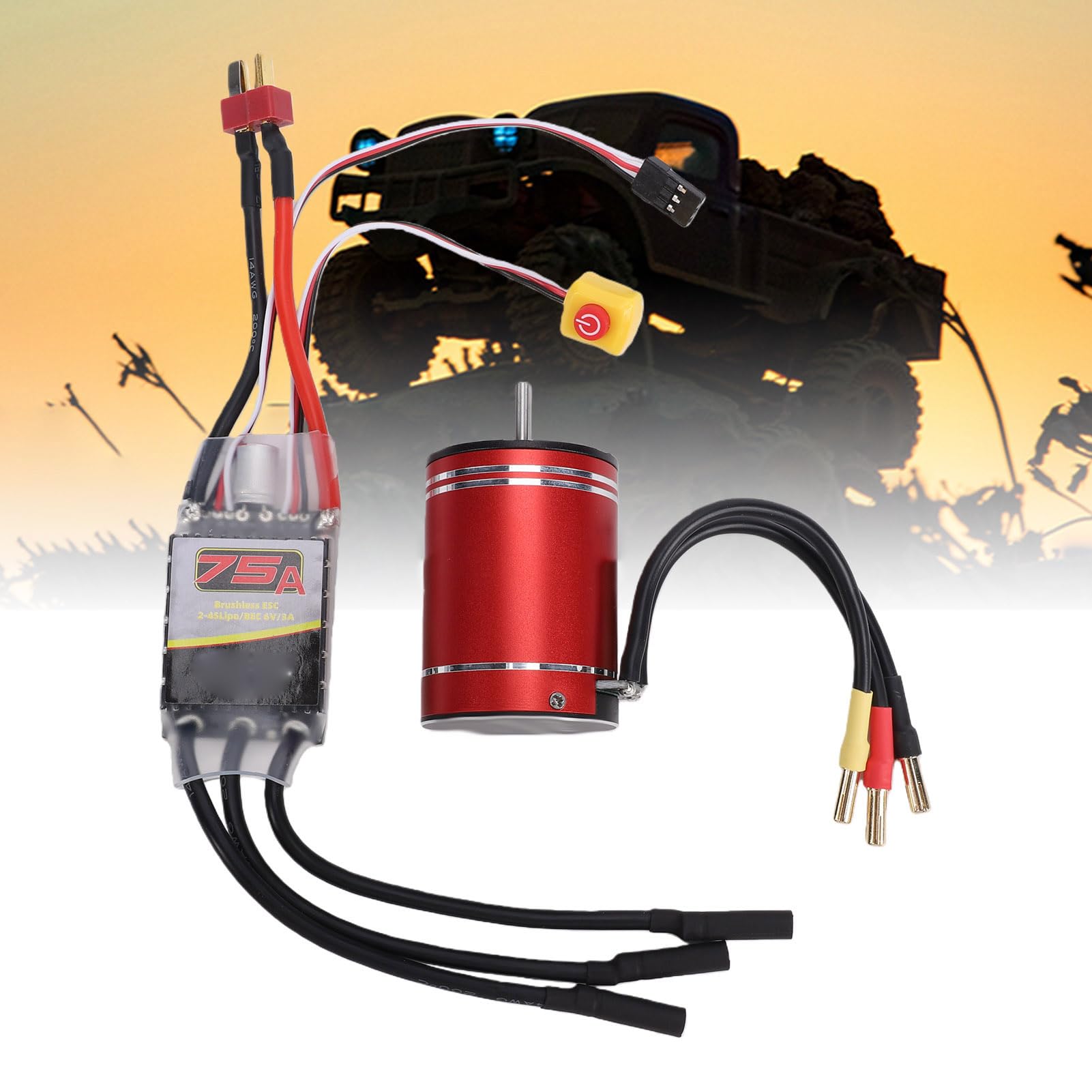 Fockety Zestaw Hobby RC Silnik Bezszczotkowy ESC, Wodoodporny Silnik Bezszczotkowy 3650 3400KV i Zestaw ESC 75A do Samochodów Zdalnie Sterowanych 1/10 1/8, Ciężarówek, Łodzi