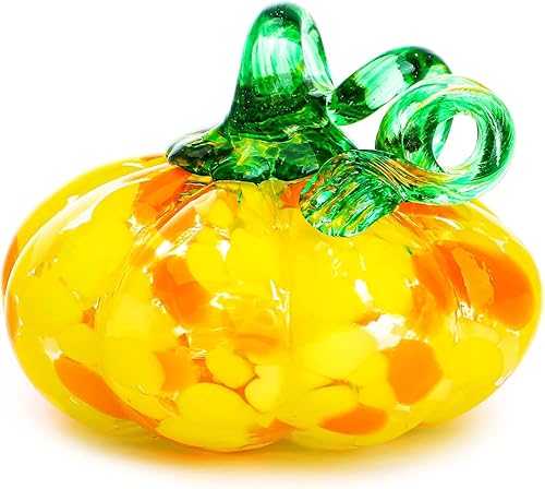 H&D HYALINE & DORA Figura de calabaza de vidrio soplado a mano para decoraciones de otoño, calabaza de cristal amarillo, decoración de mesa para