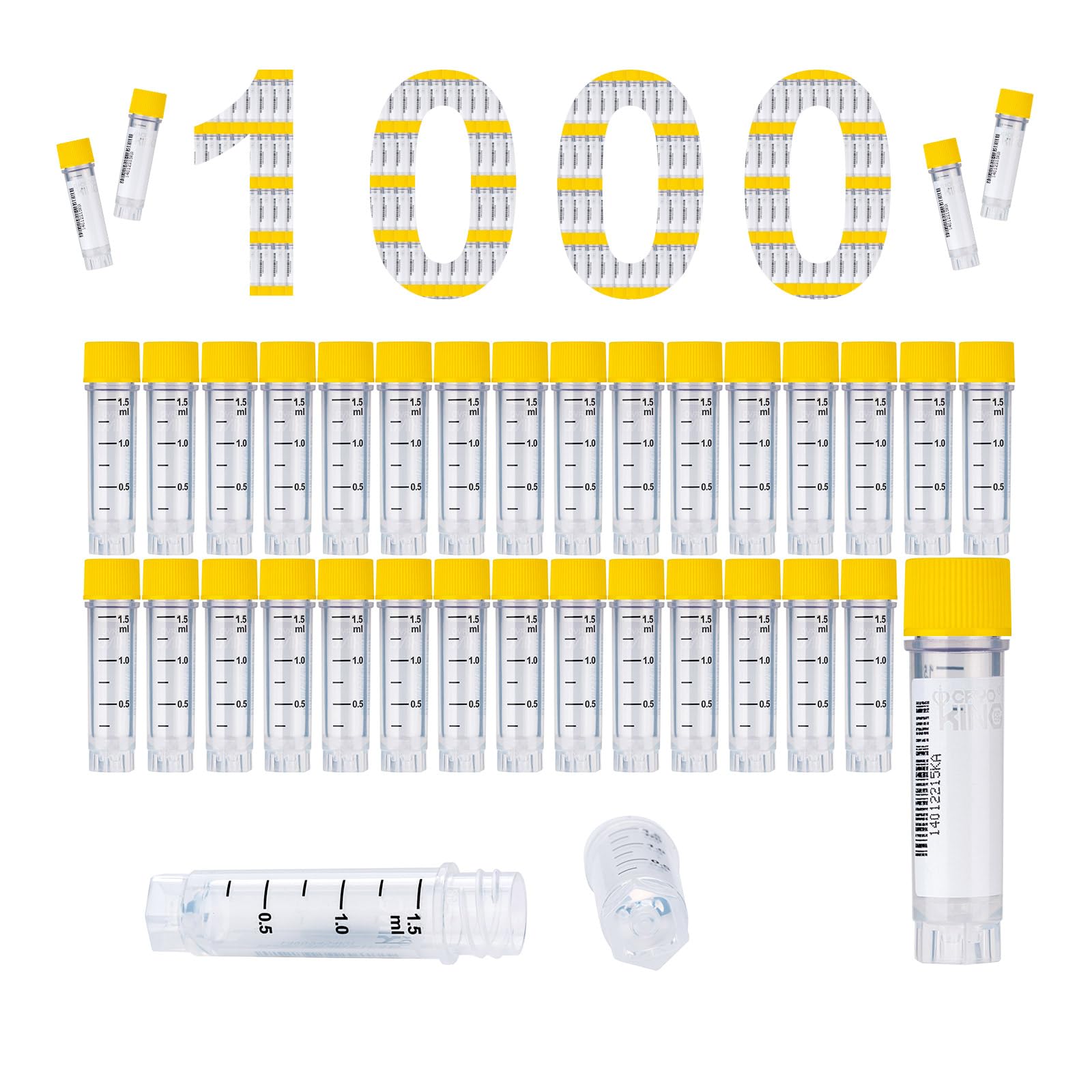 Tubos criogénicos de plástico, 1,5 ml, tubos de muestra, frascos de muestra con código de barras y tapón de rosca para experimentos de química de laboratorio, color amarillo, 1000 unidades