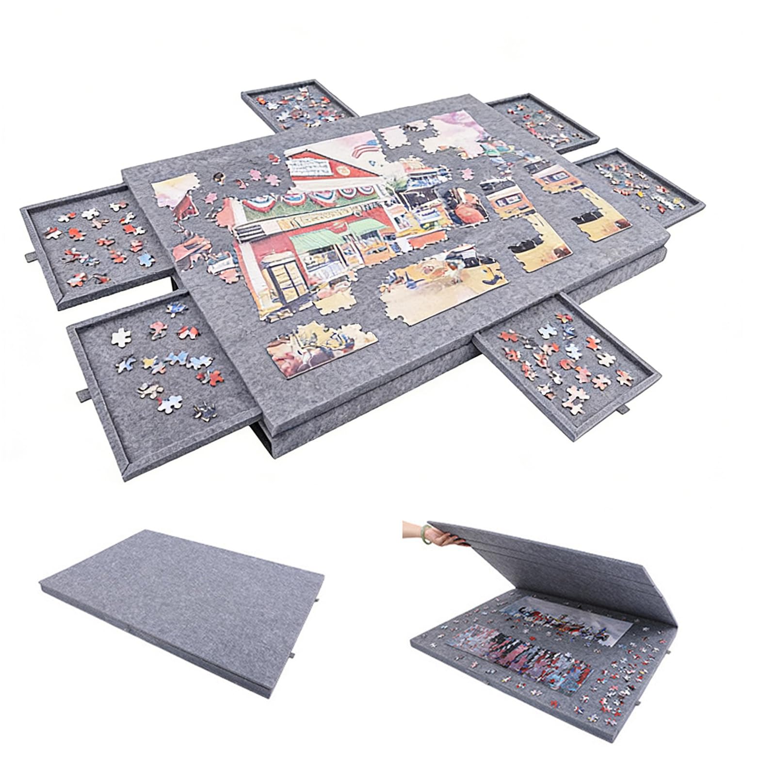 Przechylany stół do puzzli, deska do puzzli, do 1000 elementów, przenośna deska z 6 szufladami, lekki filcowy stół puzzle ze stojakiem 2 w 1 i pokrywą, szary