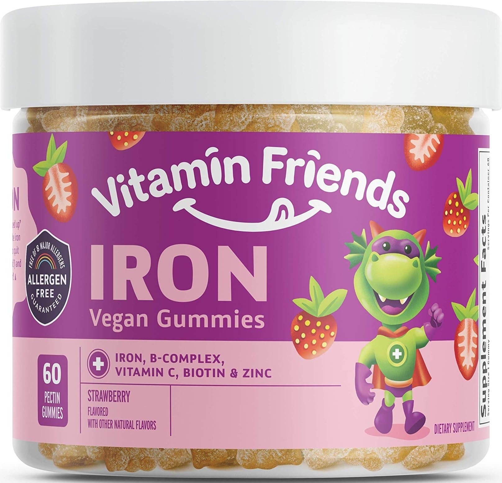 Vitamin Friends - Vegan Multivitamin & Iron for Kids - Daily Nutritional Support Gummies w/Ferrous Fumarate B-Complex, Vitamin C, Zinc, Biotin - Body Function & Anemia - Strawberry, (60 Day Supply)