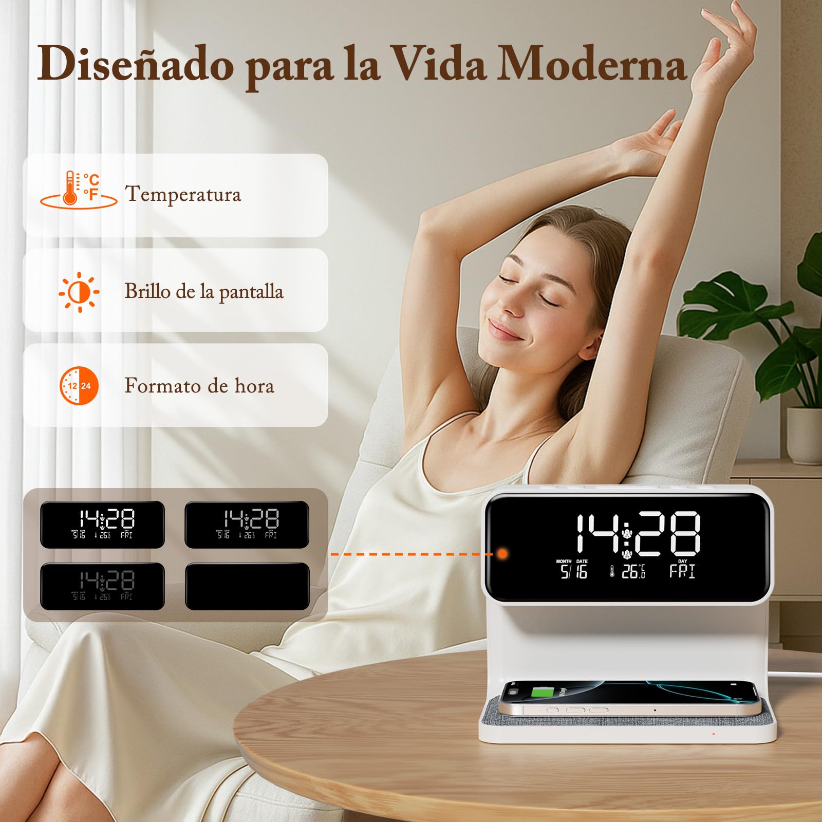 Despertador Digital, Reloj Despertador con Cargador Inalámbrico 15W, LED Pantalla Temperatura/Fecha/2 Alarmas/Snooze Ajustable/12/24H, Despertador Luz con Control Táctil para Infantil Adultos
