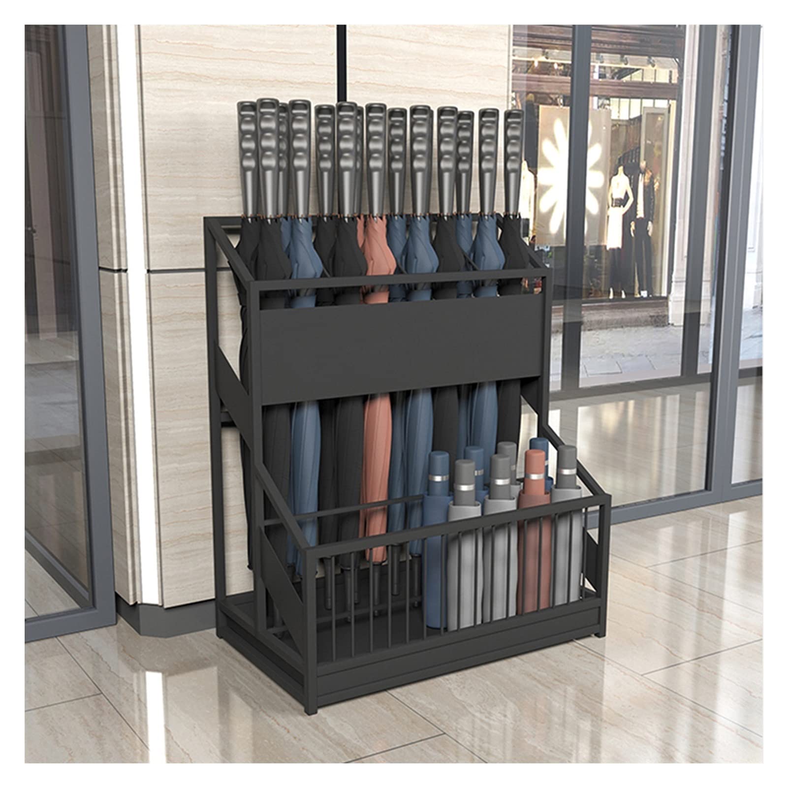 HYLYGFH Commercial Metal Umbrella Stand, Black Umbrella Holder for Hotel, School, Cafe - Drip Tray Included, Holds 30 Umbrellas, Perfect for Corridors and Entrances
