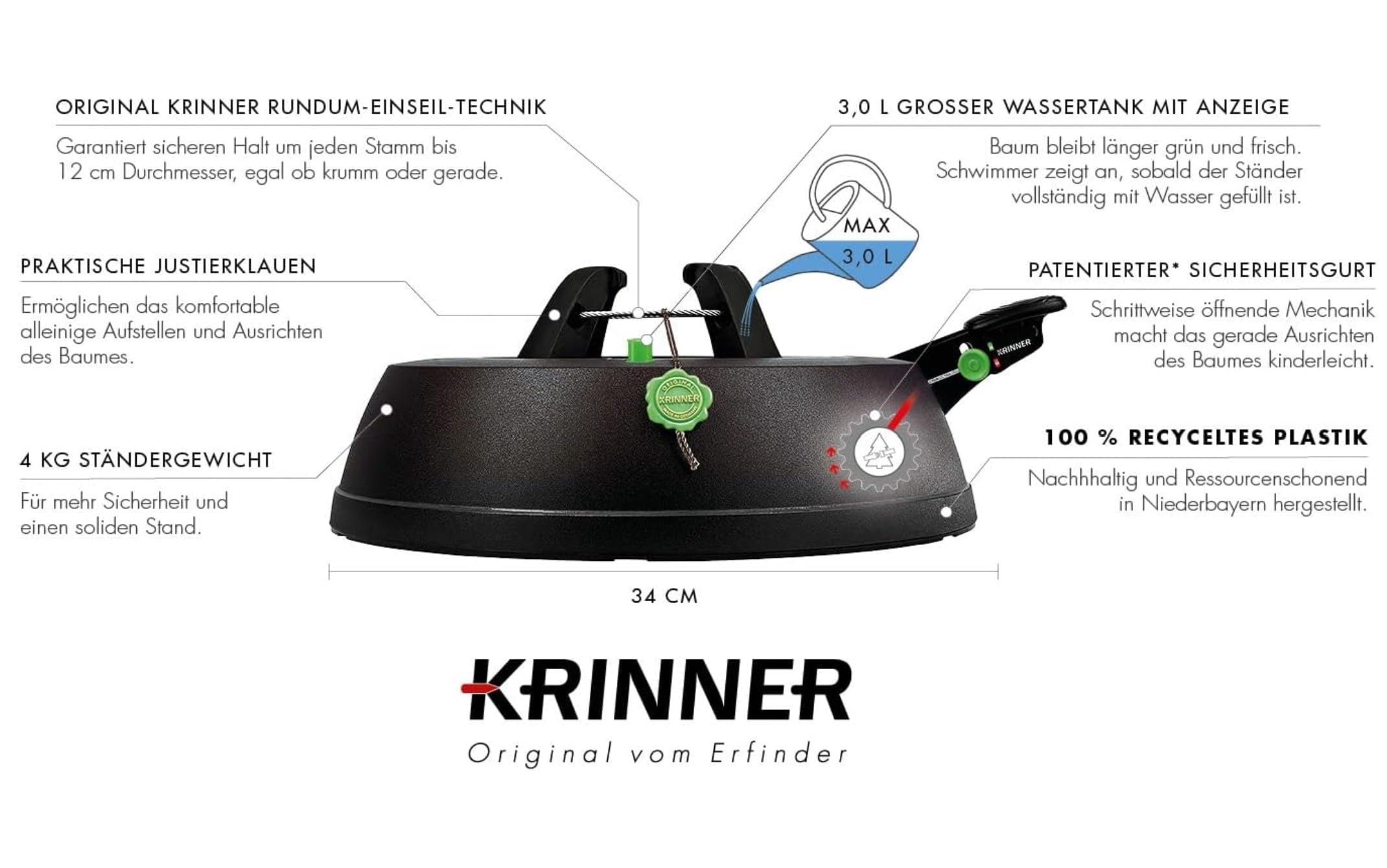 KRINNER® Green Line Comfort Grip S Recycling Christbaumständer Weihnachtsbaumständer inkl. Fußpedal Einseiltechnik mit 3 Liter Wassertank für Baumhöhe bis 2,3m Made in Germany 94219, Schwarz