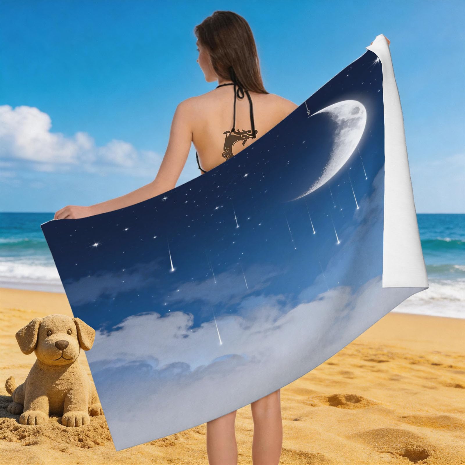 Leichong 3D Night Sky Moon Beach Towel Microfiber Soft Quick Dry for Adults, Meteor Bath Towel Lightweight Soft Absorbent for Travel Swimming Pool Sports, 75 x 150 cm