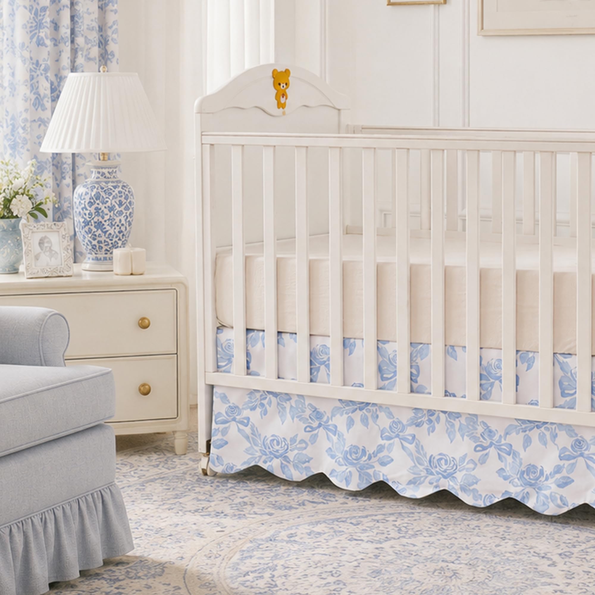 Brandream Scallop Edge Organic Cotton Crib Skirt Girls Toddler Bedskirt Baby Nursery Crib Bed Skirt French Vintage Cottagecore Rose Flowers Bows Neutral Light Blue Farmhouse Chic Boho Bohemian Skirt