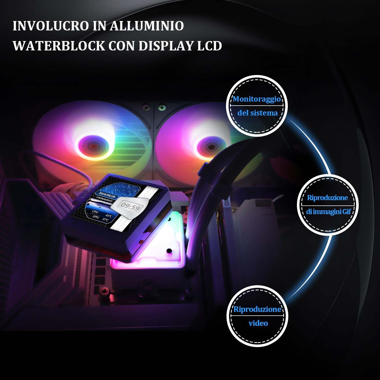 TR Grand Vision 360 ARGB CPU AIO Cooler, sistema di raffreddamento ad acqua PC 360, display LCD IPS 480x480 3,4 pollici, per AM4/AM5 e Intel LGA1700/1851, pompa alta