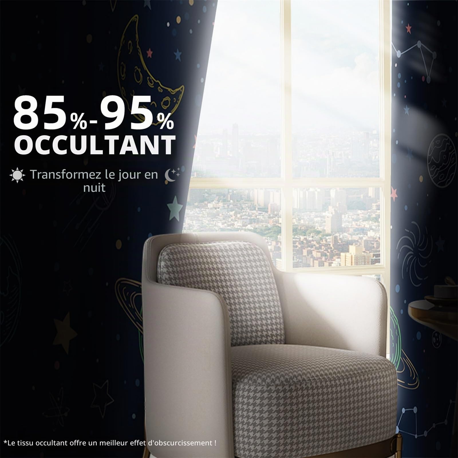 Rideaux occultants Bleu Marine 117x229cm, Motif étoiles et planètes, Style Galaxie, pour Chambre d'enfant, décoration de fenêtre, Isolation Thermique, 2 Panneaux