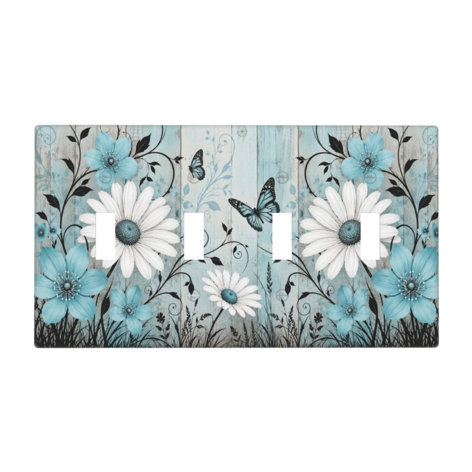 Dwbguo Decorative Light Switch Plate Covers Rustic Turquoise Daisy Butterfly 4 Gang Artistic Wall Plate Unique Vintage Wood Grain Floral Quad Toggle Light Switch Covers for Bedroom Home Decor