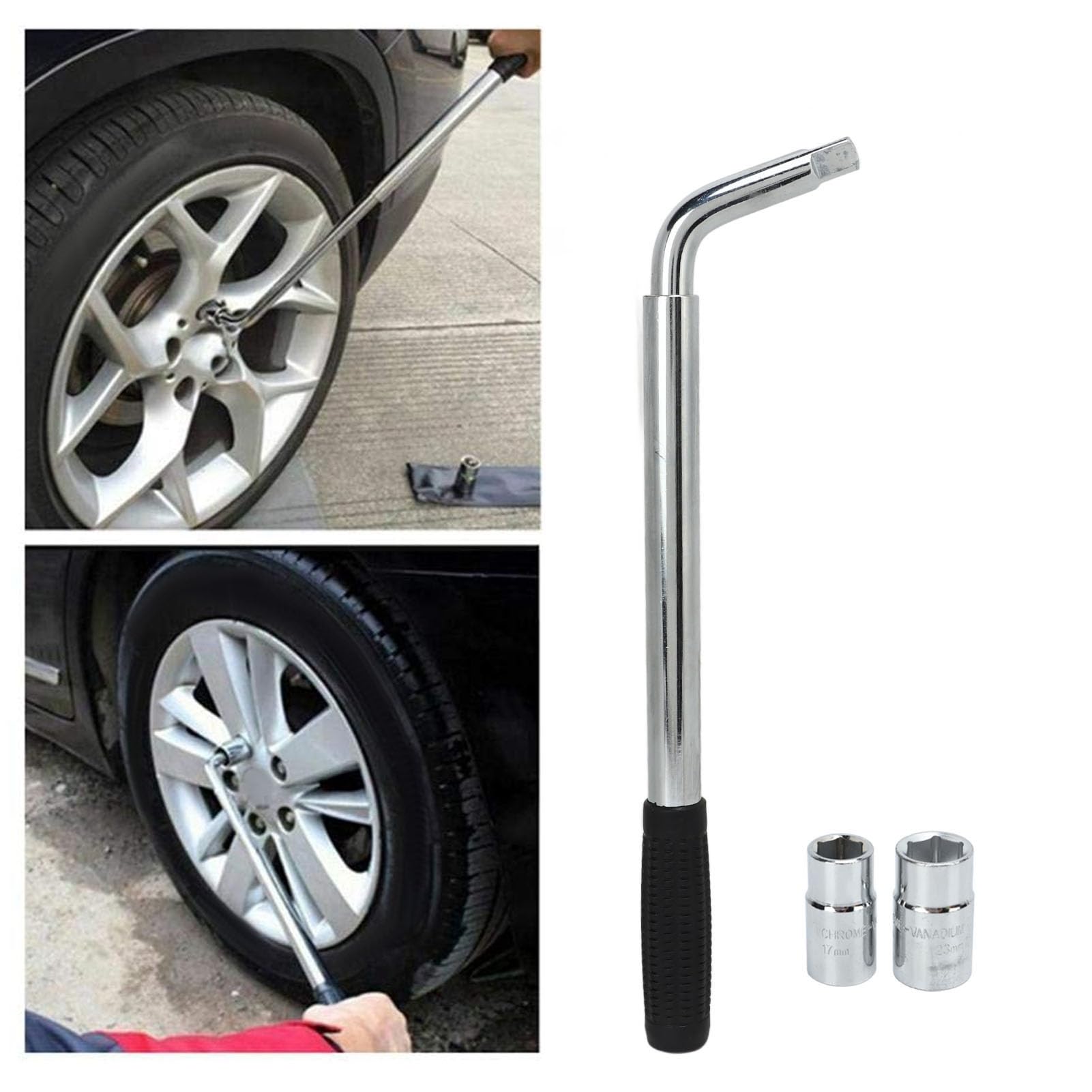 Wysuwany klucz oczkowy z 2 nasadkami 17 mm 19 mm 21 mm 23 mm, teleskopowy klucz do kół, uniwersalny klucz do nakrętek oczkowych ze stali CR-V do wymiany opon samochodów