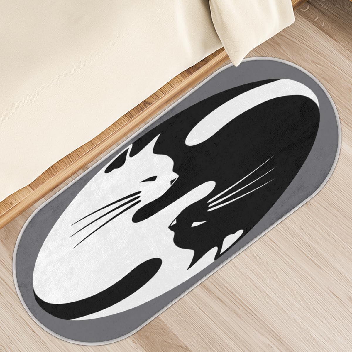 Tapis antidérapant à poils longs TropicalLife chat blanc noir 50x120 cm