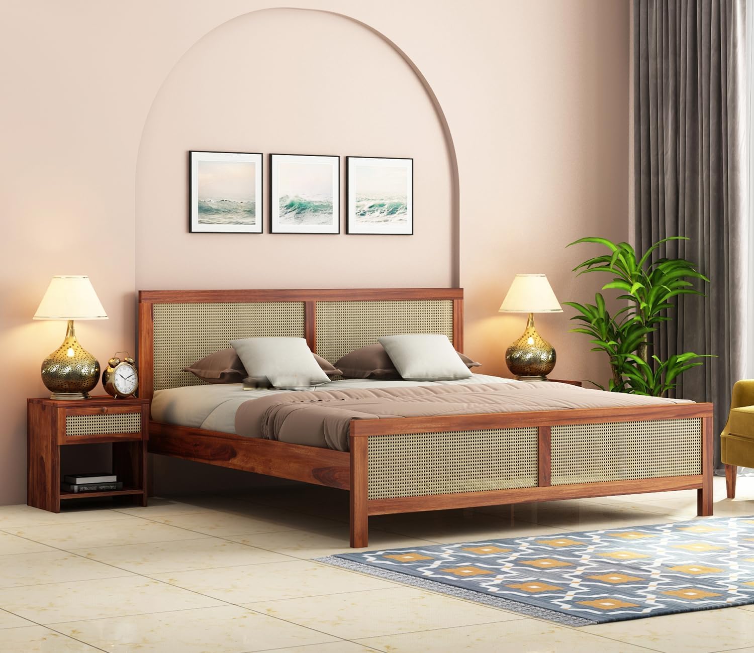 sheesham wood queen size bed without storage | solid wooden cot bed | double bed furniture for bedroom living room home (honey teak finish)(design 3)