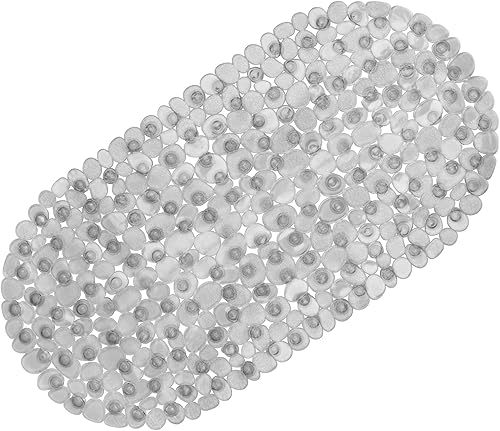 WELTRXE Pebbles - Tapete de ducha ovalado antideslizante con ventosas, agujeros de drenaje, tapetes de plástico de 27 x 14 pulgadas, lavable a