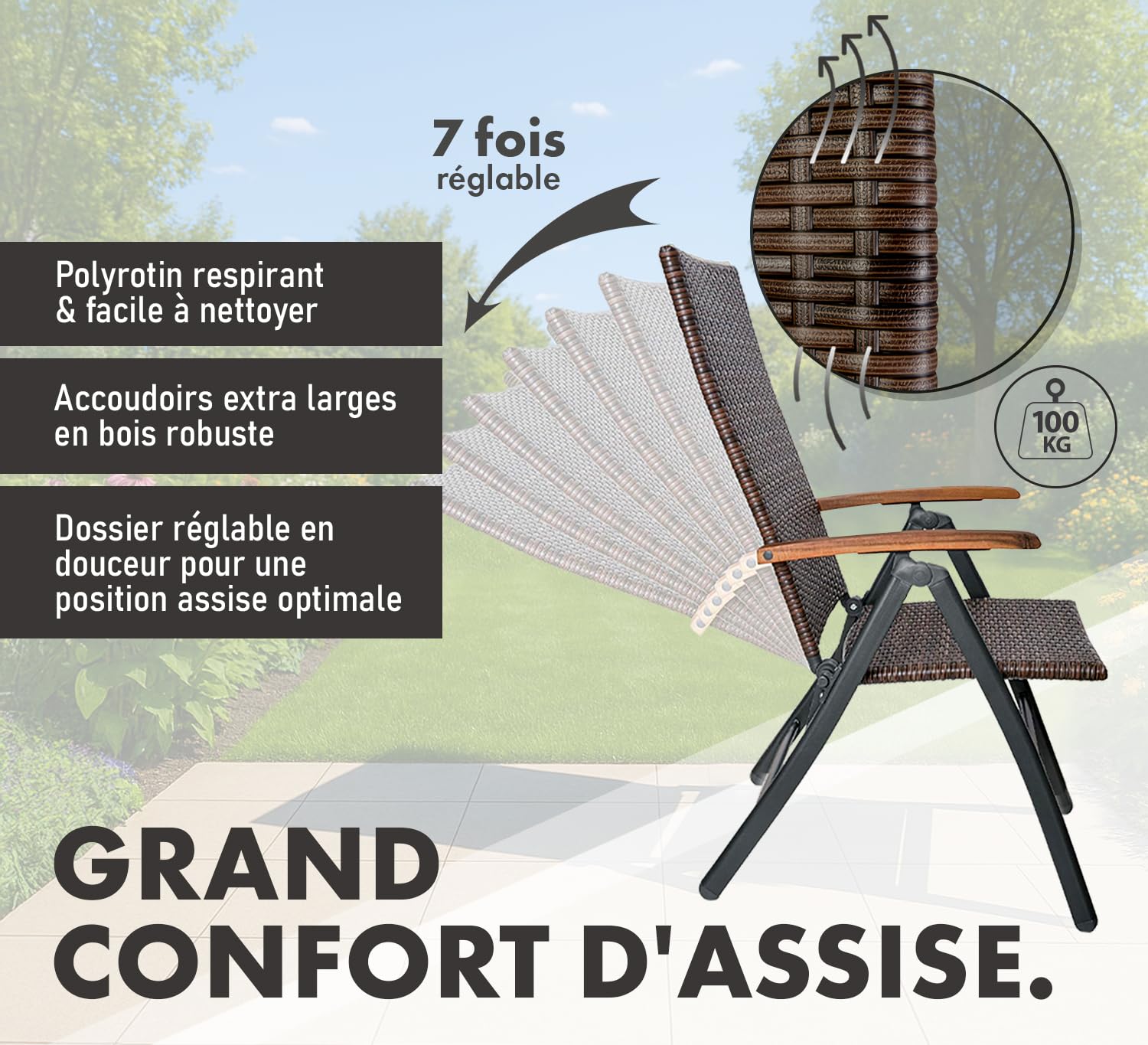 BRUBAKER Modena Chaise de Jardin Poly Rattan - Chaise à Dossier Haut réglable en 7 Positions - Rembourré - Imperméable - Métal - Gris/Brun